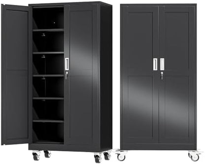 Ckzbx Metal Large Garage Storage Cabinet with Locking Doors and Adjustable Shelves,73.6" H Rolling Tool Storage with Wheels for Garage,Office (Black)