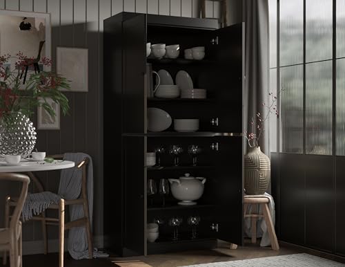 Palace Imports Solid Wood Kitchen Pantry Cabinet - 71.5" Tall x 32" Wide - Wooden Storage Cabinet with 4 Shaker Doors & 4 Adjustable Shelves, Black, 100% Renewable Eco-Friendly Wood, Made in Brazil
