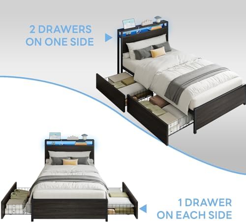 LIKIMIO Twin XL Bed Frame with DIY Layout Storage Drawers and LED Light
