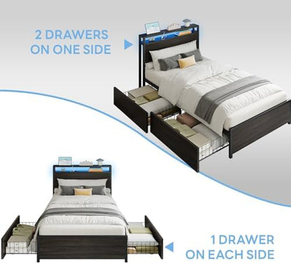 LIKIMIO Twin XL Bed Frame with DIY Layout Storage Drawers and LED Light