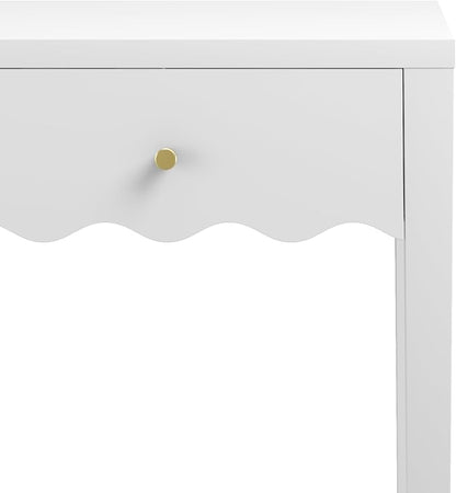 Nightstand with Drawer and Open Shelf, Scalloped Edge End Table for Sofa, Slim White Bedside Table for Girls Bedroom, Dorm, Coquette Preppy Room Decor