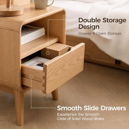 Solid Wood Nightstand Set of 2, Mid Century Modern Nightstands with Drawer, Small Nightstand with Open Storage, Small Bedside Table for Bedroom, Dormitory(Natural Wood Color)