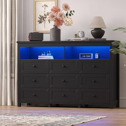 Dresser for Bedroom with 9 Drawers, LED Lights, Power Outlet, Black