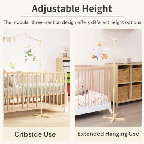Crib Mobile Arm Wooden Floor Standing - 61 Inches Mobile Arm for Crib|Movable Baby Mobile Hanger|Strong Anti-Dumping Attachment|Natural EU Beech Wood|Thicker Pole|Boho Nursery Decor