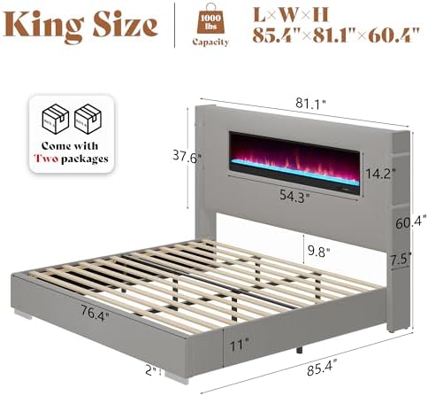 AMERLIFE King Bed Frame with Fireplace, Upholstered Headboard, Light Gray