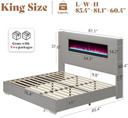 AMERLIFE King Bed Frame with Fireplace, Upholstered Headboard, Light Gray
