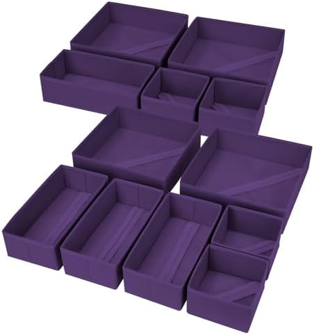 DIMJ Drawer Organizer Clothes, 12 Pack Dresser Organizer, Foldable Closet Organizers and Storage, Fabric Dresser Bins, Drawer Dividers for Nursery, Baby Clothes, Underwears, Sock (Purple)
