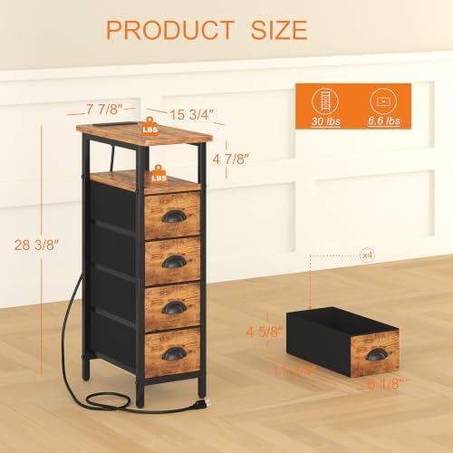 sthmec Nightstand with Charging Station, Narrow Night Stand Set of 2 with 4 Drawers, Skinny Side Table with Fabric Drawers,Slim Sofa Couch Tables for Small Spaces Bedroom,Rustics Brown