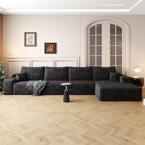 Eafurn 135" Oversized Right Facing Boneless Modular Sectional Sofa Couch with Chaise Lounge, 33D High-Density Foam Compressed Floor Couch with Deep Seat and Throw Pillows
