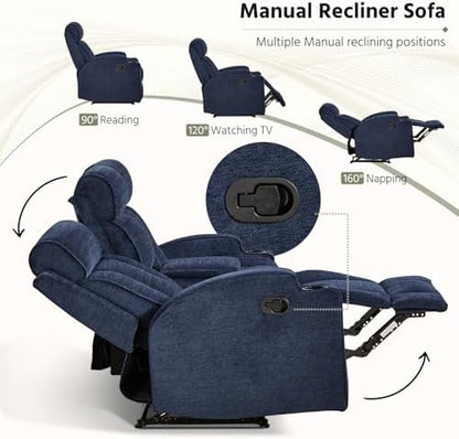 HAOMARKETS 3-Piece Manual Recliner Sofa Set, Included Loveseat Set of 2 with Center Console and 3-Seater Couch, Overstuffed Fabric Reclining Couches with Cup Holders for Living Room, Blue