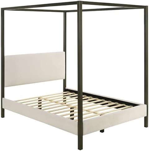 Coaster Monroe Queen Boucle Upholstered Metal Canopy Bed Vanilla 300834Q