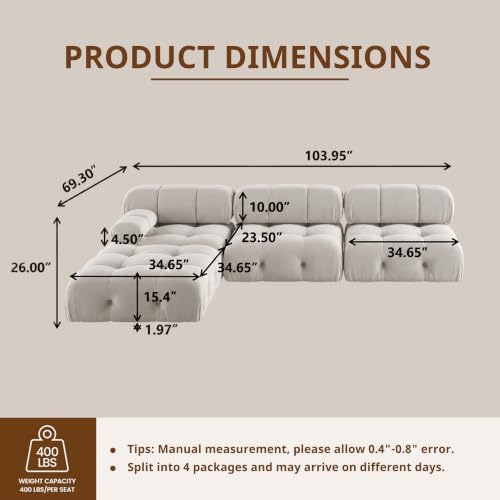 104" Convertible Modular Sectional Sofa, L-Shaped Velvet Sectional Couch with Chaise Ottoman, Minimalist Modern Sofas for Living Room Bedroom Office Apartment (Beige)