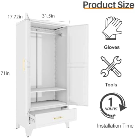 RIETERN Metal Armoire Wardrobe Closet, 71" Bedroom Closet with Mirror White