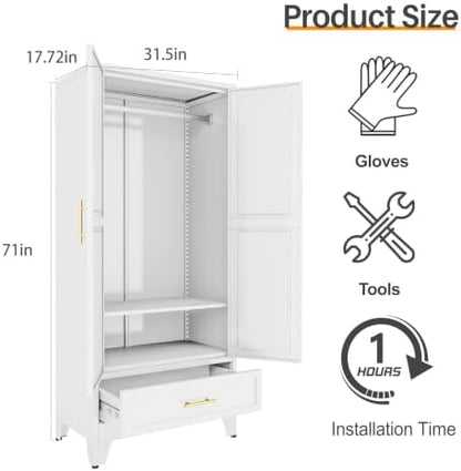 RIETERN Metal Armoire Wardrobe Closet, 71" Bedroom Closet with Mirror White