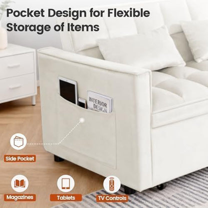 Convertible Sofa Bed, 3 in 1 Pull Out Couch with Side Pockets, Velvet Fabric Loveseat Sleeper Sofa Bed, Pull Out Couch with Adjustable Backrest for Living Room, Bedroom, Apartment, White