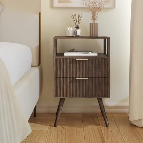Leomonio Fluted Nightstand, Modern Night Stand with 2 Drawer and Open Shelf
