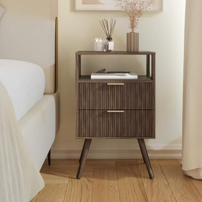 Leomonio Fluted Nightstand, Modern Night Stand with 2 Drawer and Open Shelf