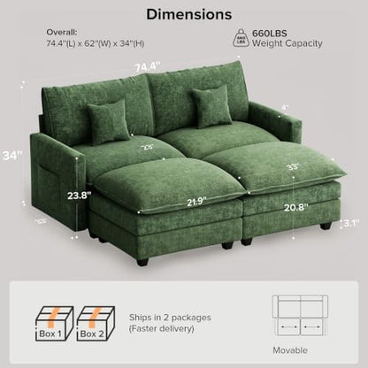 74 Inch Cloud Couch Sectional, Modular Sectional Sofa with 2 Ottoman, Green