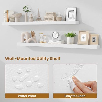 60 Inch Fireplace Mantel Set of 2, Long Floating Shelf for Bedroom|Living Room, Wall Mounted Farmhouse Display with Invisible Heavy Duty Metal Bracket, White