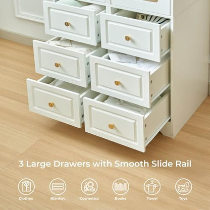 69.5" H Armoire Wardrobe Closet, Wood Bedroom Armoires Cabinet with Mirror Door and 3 Drawers, White Clothing Storage Cabinet with Hanging Rod & Sensor Light for Bedroom(Left)