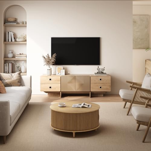 JOINICE 66" Fluted TV Stand, Boho TV Consoles for Living Room, Modern Entertainment Center with Storage, Media Console Cabinet for 75 inch TV(Oak)