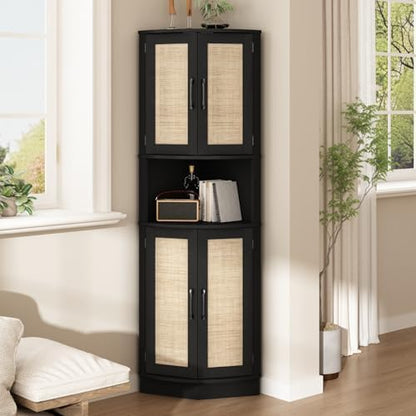 Tall Corner Cabinet, 64.7" Rattan Corner Storage Cabinet, 4 Doors