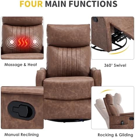 Trustyue Swivel Rocker Recliner Chair, 360° Swivel Recliner with Heat and Massage, Rocker Recliner Nursery Glider Chair with Side Pockets for Living Room (Dark Brown, Faux Leather)