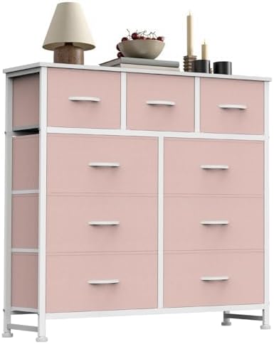 Sweetcrispy 9 Drawer Fabric Dresser Storage Tower Drawer Organizer, Pink