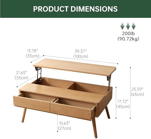 Solid Oak Lift Top Coffee Table with Drawers, Natural, 39,37"