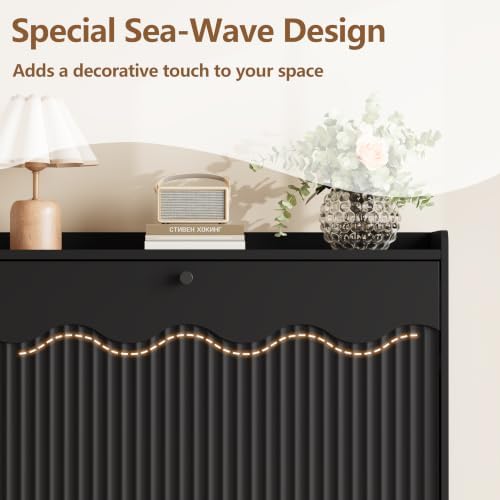 BORNOON Large Shoe Storage Cabinet with 6 Flip Drawers and Modern Wave-Edge Fluted Panels, High-Capacity Slim Shoe Rack for Entryway, Freestanding Organizer with Adjustable Shelves and Anti-Tip Kit