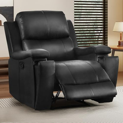 CANMOV Manual Recliner Chair, Classic Faux Leather Recliner Chair with Overstuffed Arms and Back, Manual Single Sofa with Concealed Cup Holders, Black