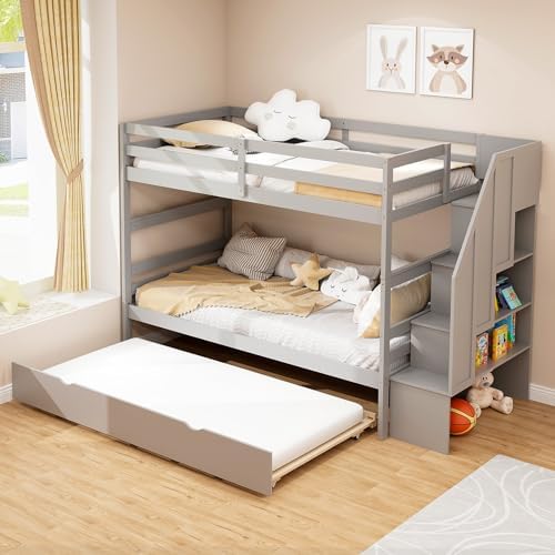 KOMFOTT Wood Twin Over Twin Bunk Bed with Trundle & Storage Stairs, Bunk Bed Frame with Protective Guardrails for Kids Room, Bedroom, Convertible to 2 Separated Beds, No Box Spring Needed (Grey)