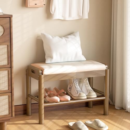 Shoe Storage Bench with Cushion - 2 Tier Shoe Rack for Front Door Entrance, Wood Shoes Rack, Entryway Bench with Shoes Storage for Closet,Hallway,Bedroom&Living Room(Walnut, 23.6" W)