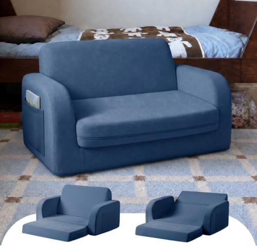 little dove 3-in-1 Extra Wide Convertible Kids Couch, Flip Open Kid Sofa, Machine-Washable Kid Couch for Girls, Kids Sofa for Fun Playtime, Dark Blue