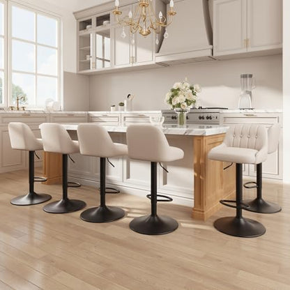 MALOL Bar Stools Set of 6, Swivel Bar Chairs, Modern Adjustable PU Leather Upholstered Barstools Counter Height with Tufted Back for Bar, Kitchen Counter Island, Dining Room, Beige