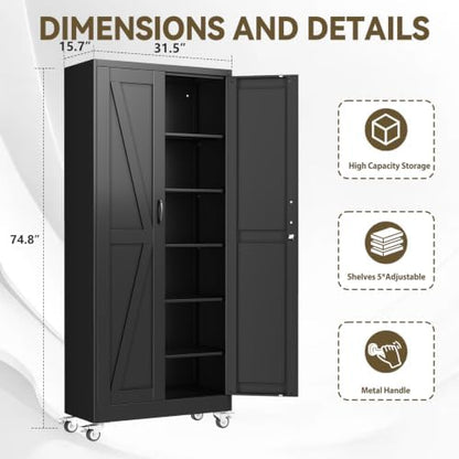 Metal Storage Cabinets with Wheels, Steel Tool Cabinets Lock Door and 5 Adjustable Shelves for Home Office, Garage, Kitchen (Black, 74.8" H)