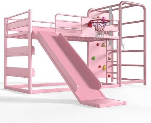 Full Size Bunk Bed with Slide & Basketball Hoop, Pink