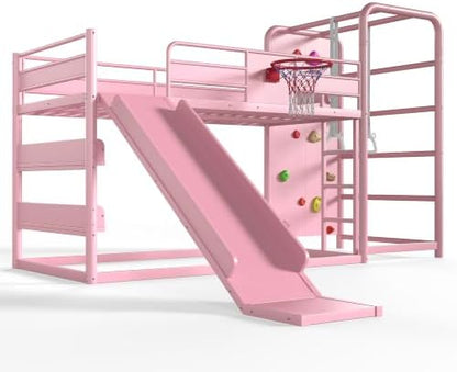 Full Size Bunk Bed with Slide & Basketball Hoop, Pink