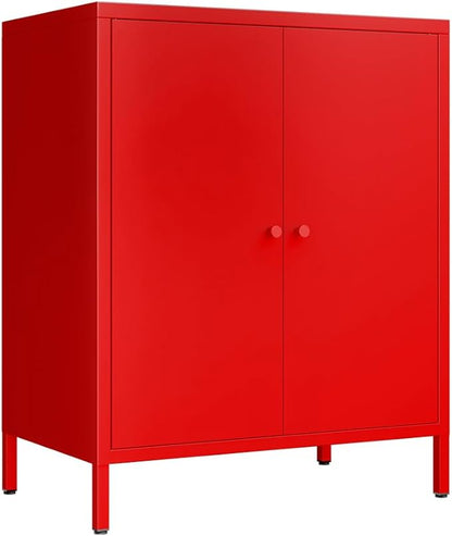 2 Door Metal Accent Storage Cabinet for Home, Living Room, Office Room,Kitchen-Metal Locker Cabinet with 1 Adjustable Shelves-2-Tier (Small 2 Door Cabinet, red)
