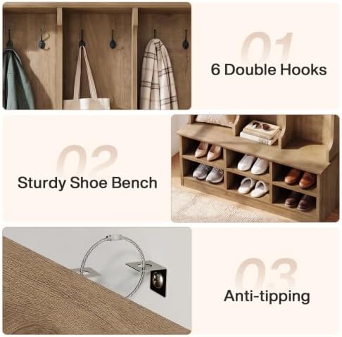 Tribesigns Hall Tree with Bench and Shoe Storage, Rustic Oak