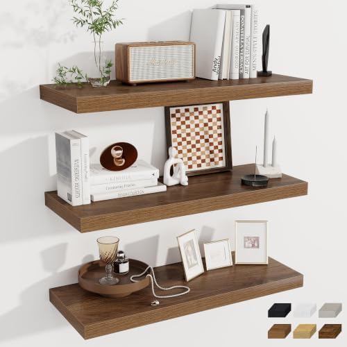 Deep Floating Shelves, 32W x 12D Walnut Wall Shelves, 32 Long Rustic Wood Wide Storage Shelves for Bedroom, Kitchen, Farmhouse, Laundry Room, Bedroom, Kitchen, Home Office- Set of 3