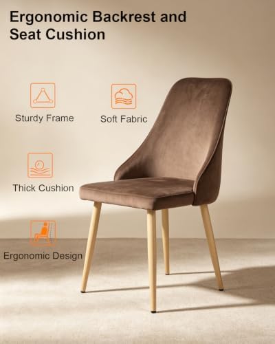 High Back Dining Chairs Set of 2, Mid-Century Modern Living Room Chairs, Upholstered Kitchen Chairs with Velvet Comfortable Seats for Bedroom Office, Easy Assembly-Brown