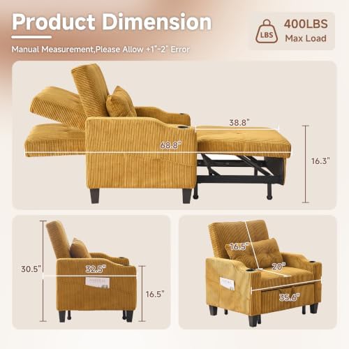 Corduroy Convertible Sleeper Chair, 3 in 1 Sleeper Chair Bed Pull Out Sofa Bed Chair, Single Sofa Bed Adjustable Backrest Chair Bed Sleeper for Adults Reading Living Room, Yellow