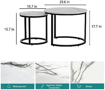Smuxee White Nesting Coffee Table Set of 2, 23.6" Round Coffee Table Wood Grain Top with Adjustable Non-Slip Feet, Industrial End Table Side Tables for Living Room Bedroom Balcony Yard