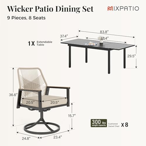 MIXPATIO Swivel Patio Dining Set, Extendable Metal Table, 8 Rattan Chairs