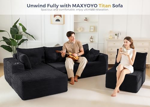 MAXYOYO Modular Sectional Couch with L-Shape Chaise and Loveseat, Modern Boneless Couch for Living Room, Oversized Sofa with Deep Seat, No Assembly Required, Blackn