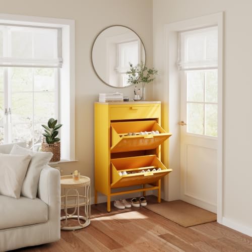 3-Tier Shoe Cabinet with Wood Top and Metal Frame, with Legs, Multi-Functional Metal and Wood Cabinet, Multi-Level Space, Easy Assembly for Home, Entryway, Hallway Yellow