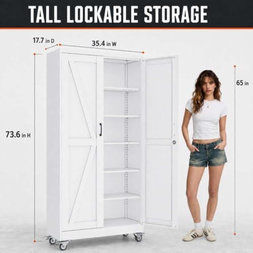 74" Metal Garage Storage Cabinet with Wheels, Locking Doors, 5 Shelves