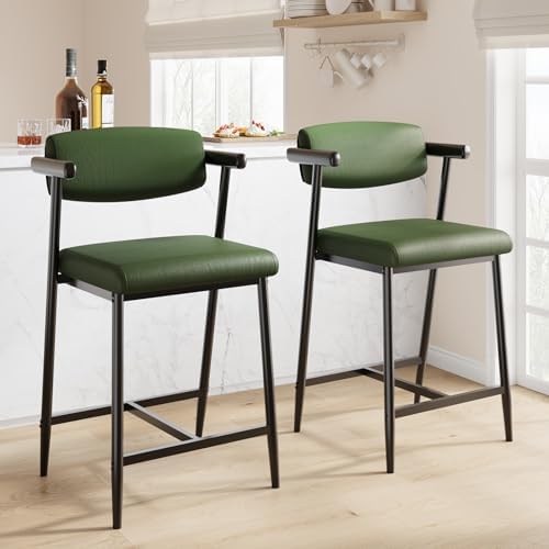 IDEALHOUSE Counter Height Bar Stools Set of 2 with Arms, Upholstered Barstool with Back & Footrest, Soft Wider Seat, Modern Metal Bar Stools Set for Kitchen Island, Bar, Easy Assembly, Rustic Green