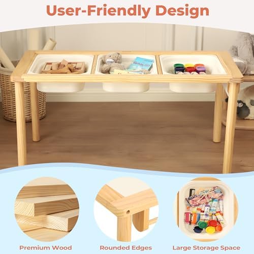 Sand and Water Table for Toddlers with 3 Storage Bins, Wooden Activity Table with Double-Sided Boards, Sensory Table, Indoor & Outdoor Use